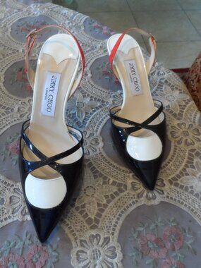 Jimmy Choo Black White Red Patent Leather Slingback Pumps Size 38.5